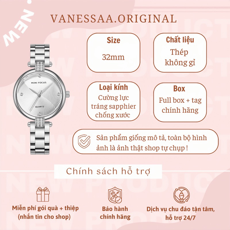 Đồng hồ nữ thạch anh chính hãng Mini Focus dây kim loại đi kèm với box + phụ kiện chính hãng