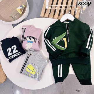 Bộ dài tay XOOP nỉ bông lụa cotton co giãn 4 chiều có khóa cổ chạy 2 sọc áo,quần cạp rời  cho bé  (10-22kg) XD32
