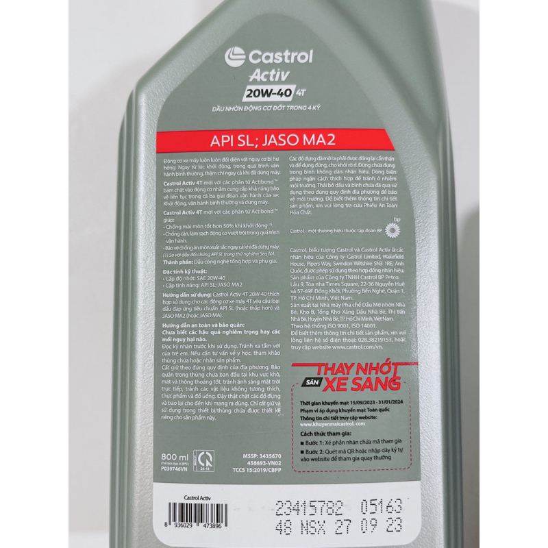 Nhớt Castrol Activ xe số 4T 20W-40 cao cấp 800ml & 1lít hàng Chính hãng
