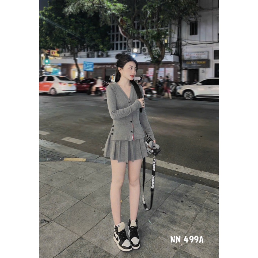 Sét Đồ Nữ Chân Váy Xếp Ly & Áo Cadigan Len Tăm Tay Dài Loại 1 Thời Trang Phong Cách Trẻ Trung