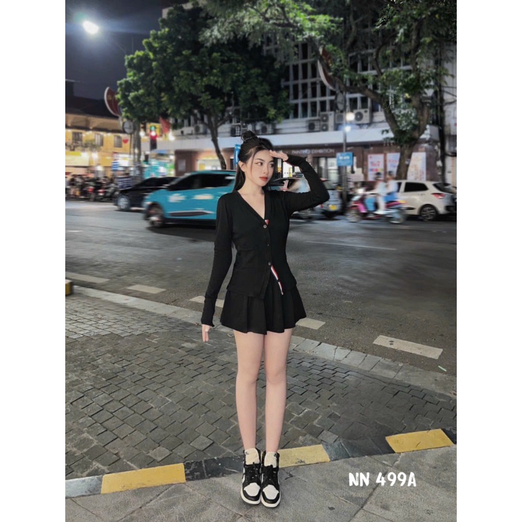 Sét Đồ Nữ Chân Váy Xếp Ly & Áo Cadigan Len Tăm Tay Dài Loại 1 Thời Trang Phong Cách Trẻ Trung