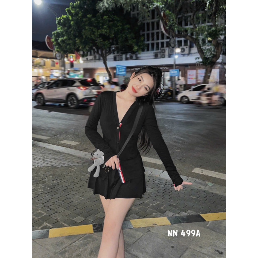 Sét Đồ Nữ Chân Váy Xếp Ly & Áo Cadigan Len Tăm Tay Dài Loại 1 Thời Trang Phong Cách Trẻ Trung