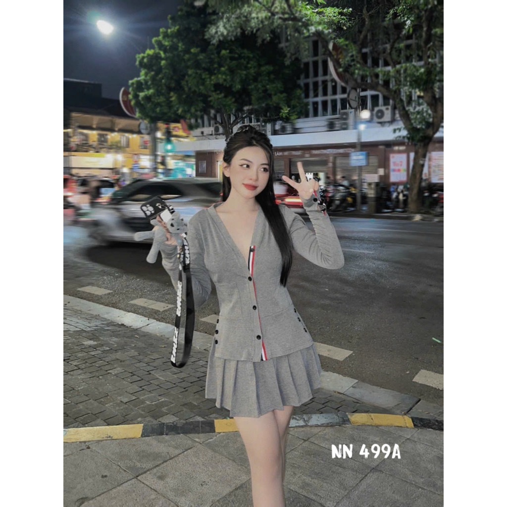 Sét Đồ Nữ Chân Váy Xếp Ly & Áo Cadigan Len Tăm Tay Dài Loại 1 Thời Trang Phong Cách Trẻ Trung