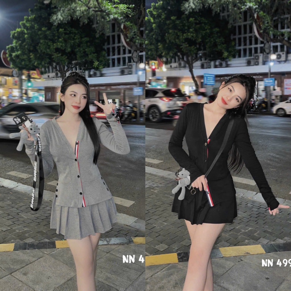 Sét Đồ Nữ Chân Váy Xếp Ly & Áo Cadigan Len Tăm Tay Dài Loại 1 Thời Trang Phong Cách Trẻ Trung