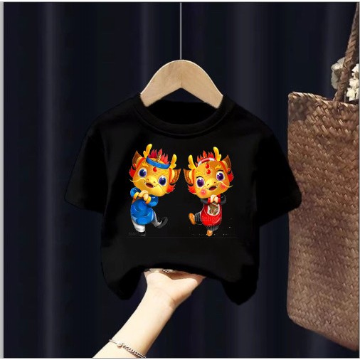 Áo thun tết cho bé,in hình 2 chú rồng con đi chúc tết