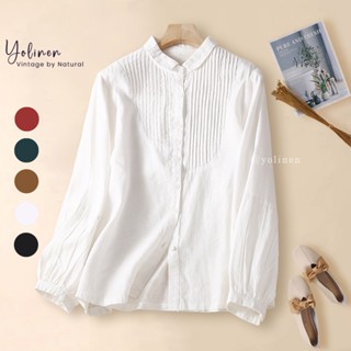  Áo sơ mi bâu sen xếp ly cao cấp YOLINEN vải linen cotton sang trọng phong cách Nhật Bản ASM02 