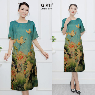 GOTI – Đầm Suông Lụa Trung Niên Dự Tiệc Kiểu Đầm Suông Chữ A Dáng Dài In Hoa Sen Và Hạc Cao Cấp Quà Tặng Mẹ 45-78kg 3383