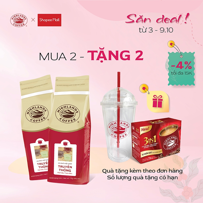 Mua 2 tặng 2 - Combo 2 Túi Cà Phê Bột Truyền Thống Highlands Coffee 1kg Tặng 1 Ly Plastic và 1 hộp 3in1 10