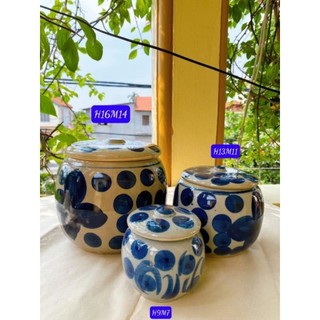 Hũ đựng gia vị bằng sứ họa tiết chấm bi,âu mỡ, âu cách nhiệt, decor bếp, hũ đựng đồ khô gốm sứ Bát Tràng, hũ muối dưa cà