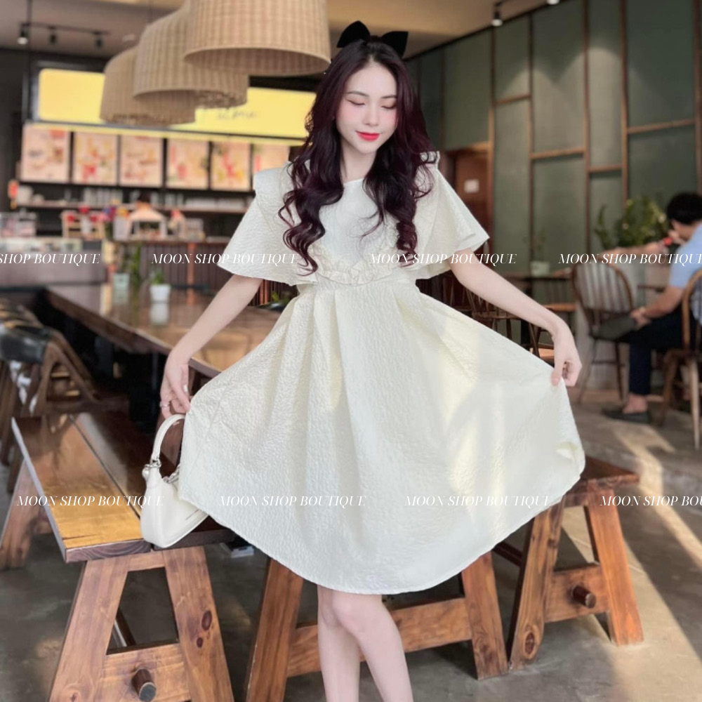 Váy xoè chất gấm xốp viền bèo vai cánh tiên, phong cách đơn giản cho cô nàng thích nhẹ nhàng