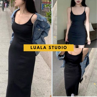 Đầm body 2 dây quai nhỏ dáng dài Luala, váy ôm ngắn dài, chất liệu thun gân dày dặn màu đen phong cách Hàn Quốc Freesize