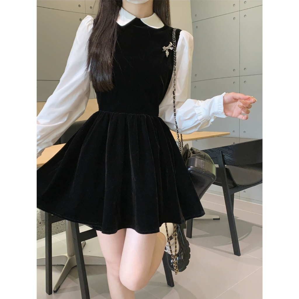 Váy Nhung Mềm Mịn Pha Tay, Cổ Sơ Mi Trắng, Phong Cách Nhẹ Nhàng, Tiểu Thư, TNG55