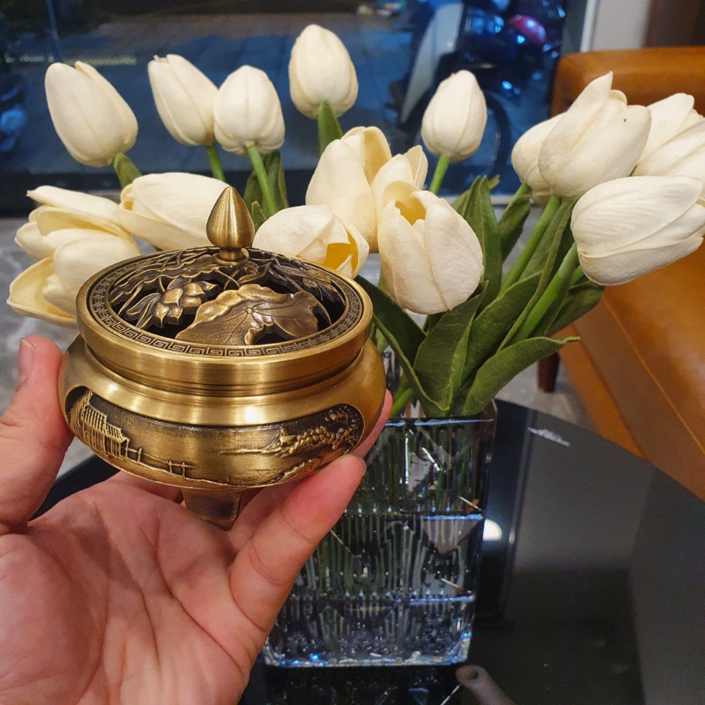 Lư Đồng Xông Trầm Hương, Lư đáy bằng và đáy 3 chân thiết kế sang trọng, Tặng lót chống cháy và bầu cắm nhang hồ lô
