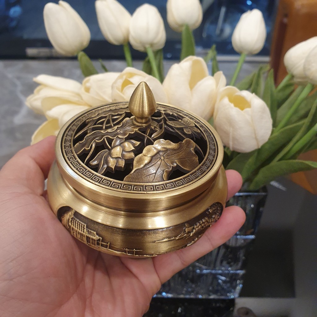 Lư Đồng Xông Trầm Hương, Lư đáy bằng và đáy 3 chân thiết kế sang trọng, Tặng lót chống cháy và bầu cắm nhang hồ lô