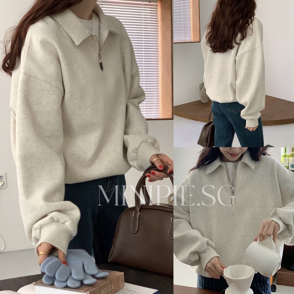 Áo Sweater cổ khoá Basic áo nỉ Polo Tay Dài Phong Cách
