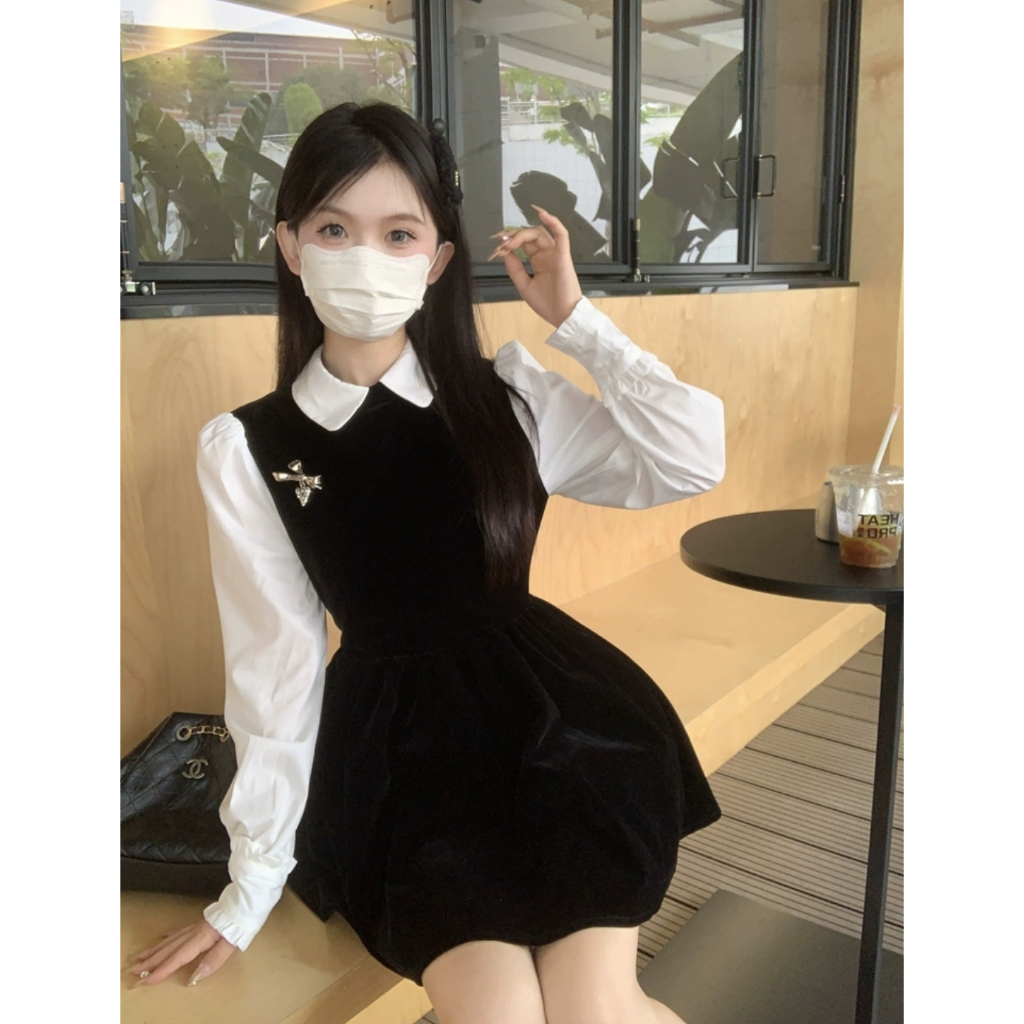 Váy Nhung Mềm Mịn Pha Tay, Cổ Sơ Mi Trắng, Phong Cách Nhẹ Nhàng, Tiểu Thư, TNG55