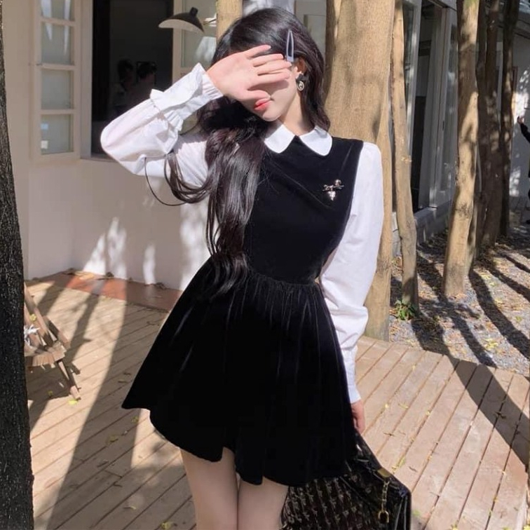 Váy Nhung Mềm Mịn Pha Tay, Cổ Sơ Mi Trắng, Phong Cách Nhẹ Nhàng, Tiểu Thư, TNG55