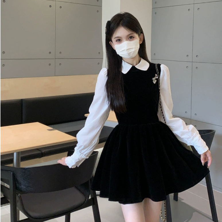 Váy Nhung Mềm Mịn Pha Tay, Cổ Sơ Mi Trắng, Phong Cách Nhẹ Nhàng, Tiểu Thư, TNG55