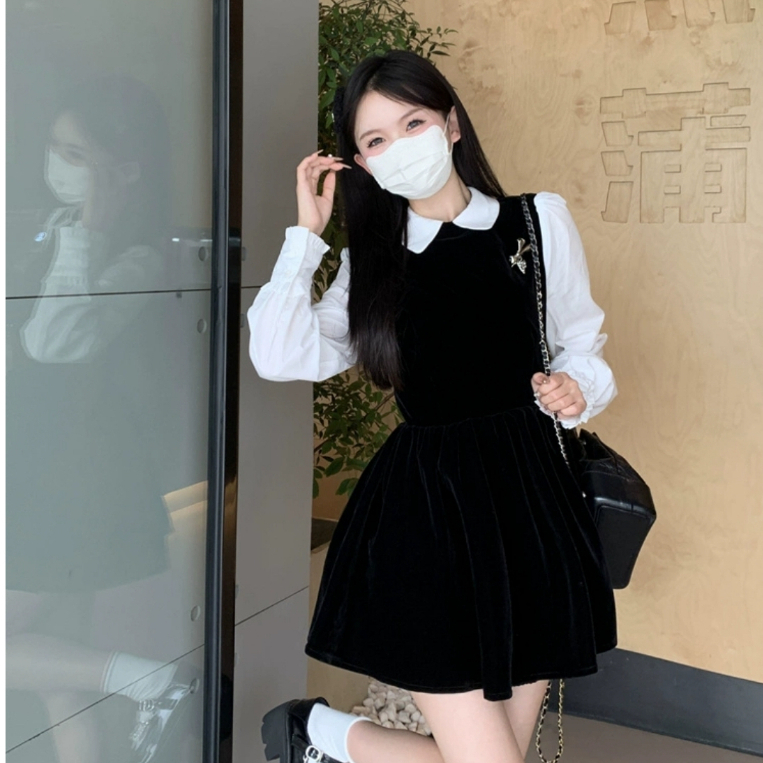 Váy Nhung Mềm Mịn Pha Tay, Cổ Sơ Mi Trắng, Phong Cách Nhẹ Nhàng, Tiểu Thư, TNG55