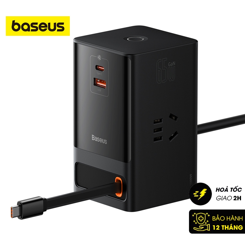 Bộ Sạc Nhanh Tích Hợp Baseus Power Combo Digital PowerStrip 65W (3AC + 1USB + 1Type C + Retractable Type C)