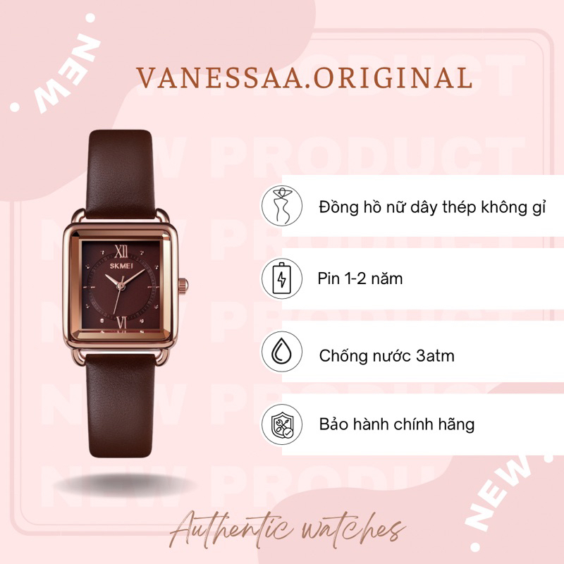 Đồng Hồ nữ công sở thời trang mặt vuông chính hãng skmei dây da thời trang