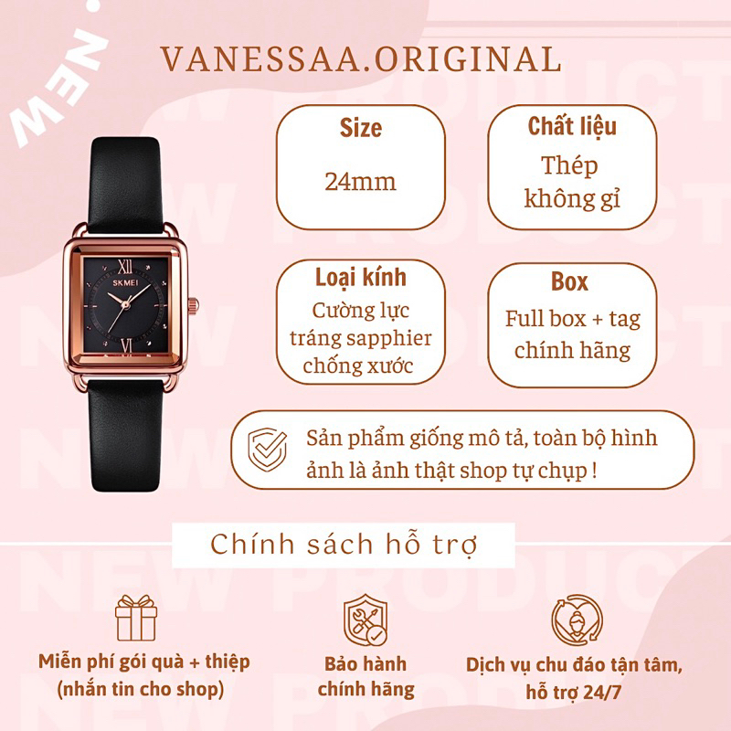 Đồng Hồ nữ công sở thời trang mặt vuông chính hãng skmei dây da thời trang