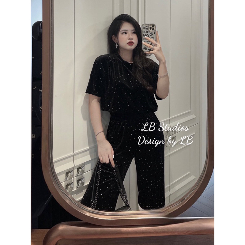 Set bộ nhung đen đính đá quần dài