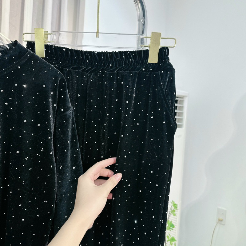 Set bộ nhung đen đính đá quần dài