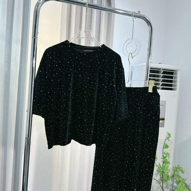 Set bộ nhung đen đính đá quần dài