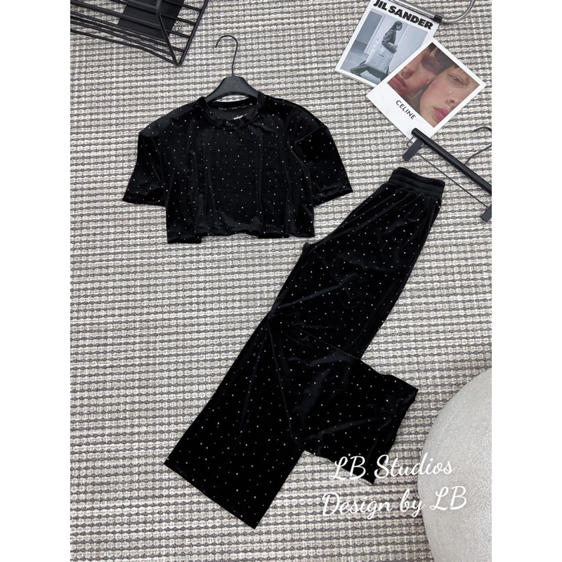 Set bộ nhung đen đính đá quần dài