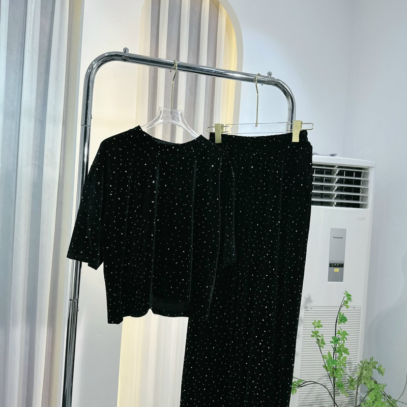 Set bộ nhung đen đính đá quần dài