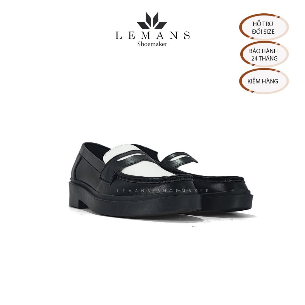 Giày Penny Loafer LEMANS Nam black white, da bò, đế tăng chiều cao 4cm cho nam độc quyền - Bảo Hành 24 tháng toàn quốc