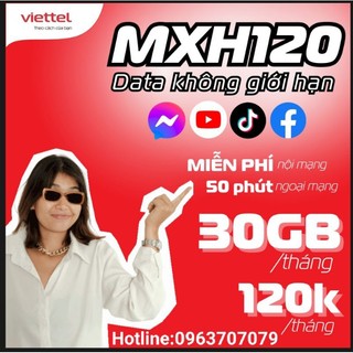 Sim Viettel Miễn Phí,FB,Zalo,YouTube, Gọi Nội Mạng Dưới 10 Phút.50Phút Ngoài mạng,Ngày có 1GB,Tháng có 30GB chỉ 120.000đ