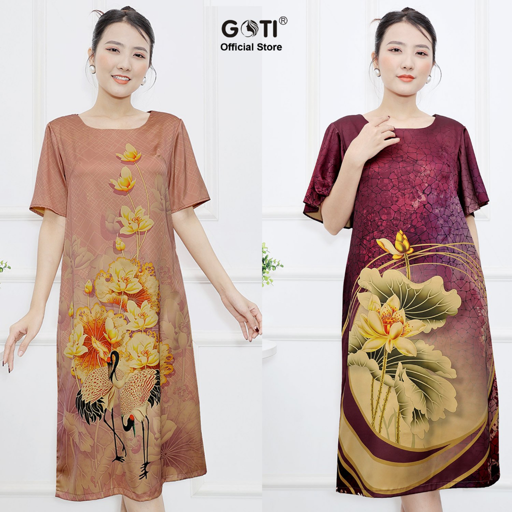 GOTI – Đầm Dự Tiệc Trung Niên Dáng Suông Bigsize 48-78kg Giấu Bụng Cao Cấp In Hoạ Tiết Lập Thể Cho Mẹ U50 U60 3384