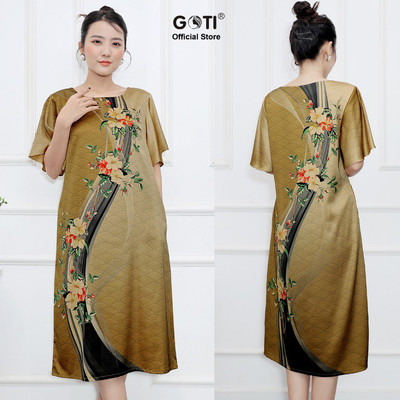 GOTI – Thời Trang Quý Bà – Đầm Suông Dự Tiệc Trung Niên In Hoa Màu Vàng Sang Trọng Quà Tặng Mẹ U50 3387