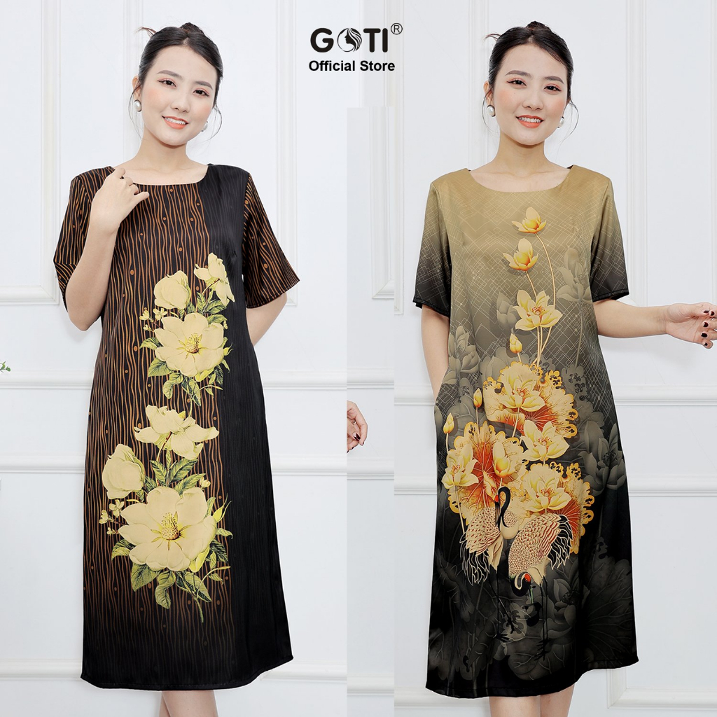 GOTI – Thời Trang Quý Bà – Đầm Suông Dự Tiệc Trung Niên In Hoa Màu Vàng Sang Trọng Quà Tặng Mẹ U50 3387