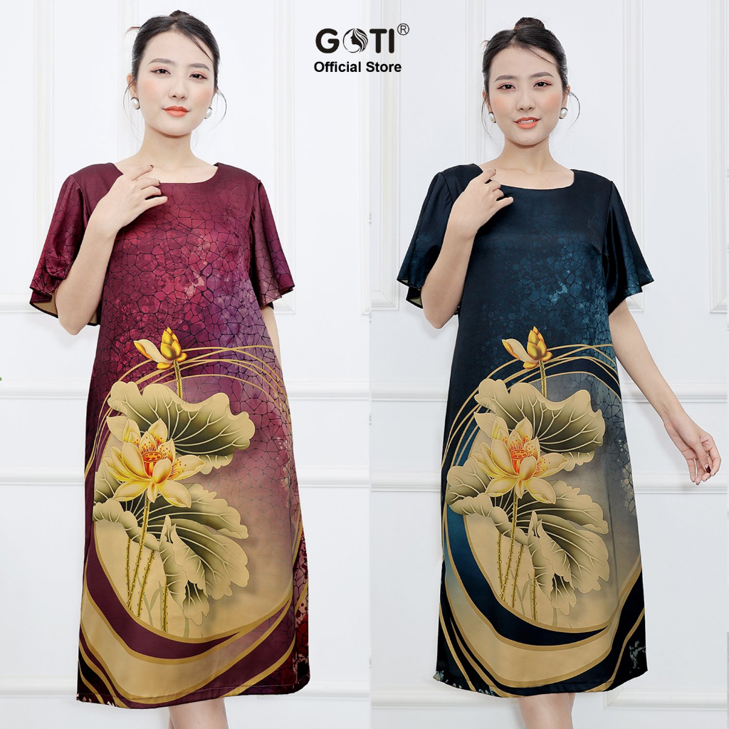 GOTI – Đầm Dáng Suông Trung Niên Dự Tiệc Cao Cấp BigSize Vải Lụa Mềm Mịn Cho Mẹ U40 U50 Có Size Lớn 45-78kg 3386