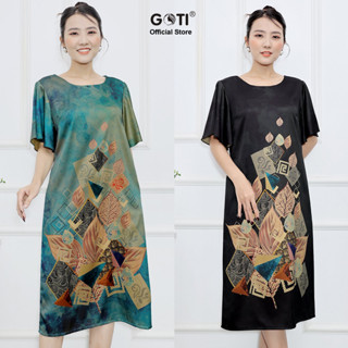 GOTI – Đầm Dự Tiệc Trung Niên Dáng Suông Bigsize 48-78kg Giấu Bụng Cao Cấp In Hoạ Tiết Lập Thể Cho Mẹ U50 U60 3384