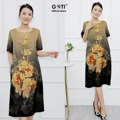 GOTI - Đầm Suông Dự Tiệc Trung Niên Nữ Cao Cấp Vải Lụa In Hoa Sen Và Hạc BigSize Cho Mẹ U40 U50 3388