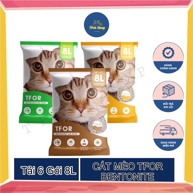[COMBO Tải 6 TÚI 8L] Cát vệ sinh cho mèo TFOR Bentonite TÚI 8L. Cát mèo TFOR đất sét khử mùi và vón tốt cho mèo.Tpetshop