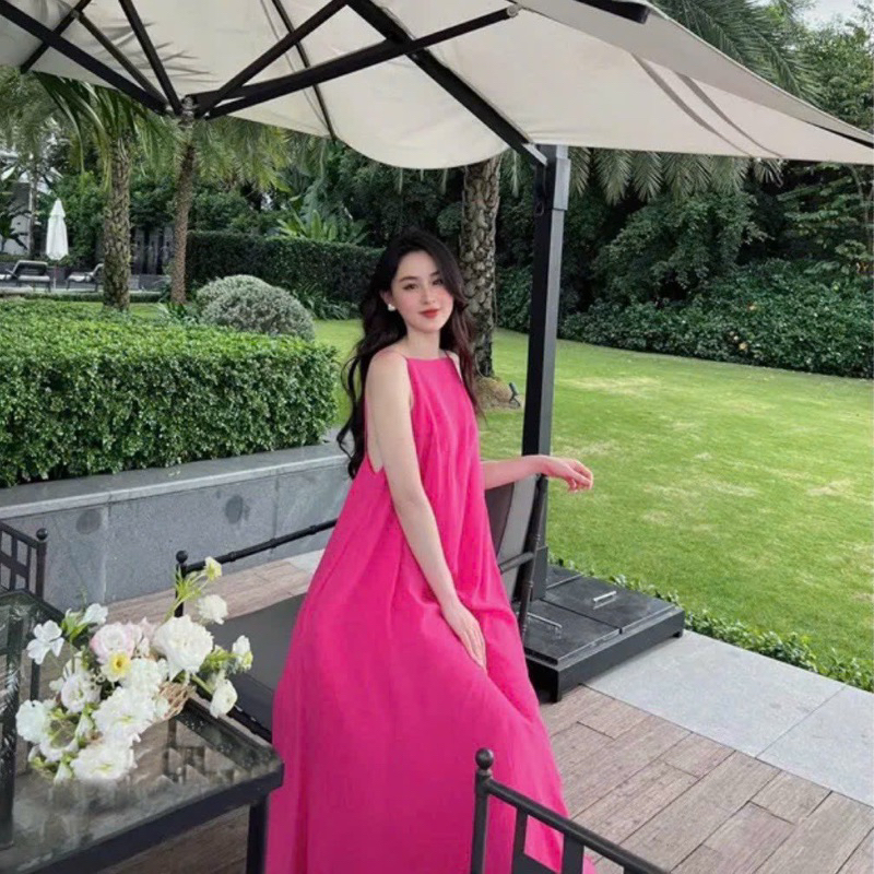 Đầm maxi cổ yếm khoéc sau 3 màu có gắn mút ngực đầm đi biển xuongvnxk