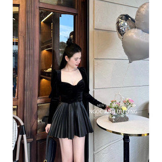 Set Áo Nhung Kèm Chân Váy Dập Ly
