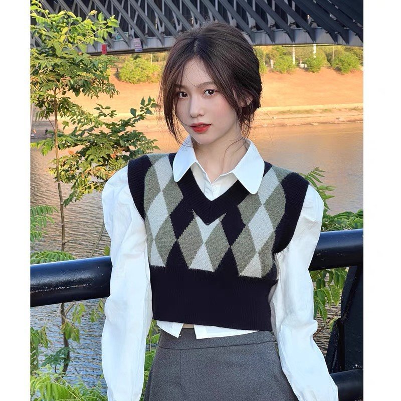 Áo gile nữ ulzzang họa tiết phối màu hình trám đen xanh trắng form vừa kiểu học sinh Maia AogiletramdenxanhGL10  P6K1