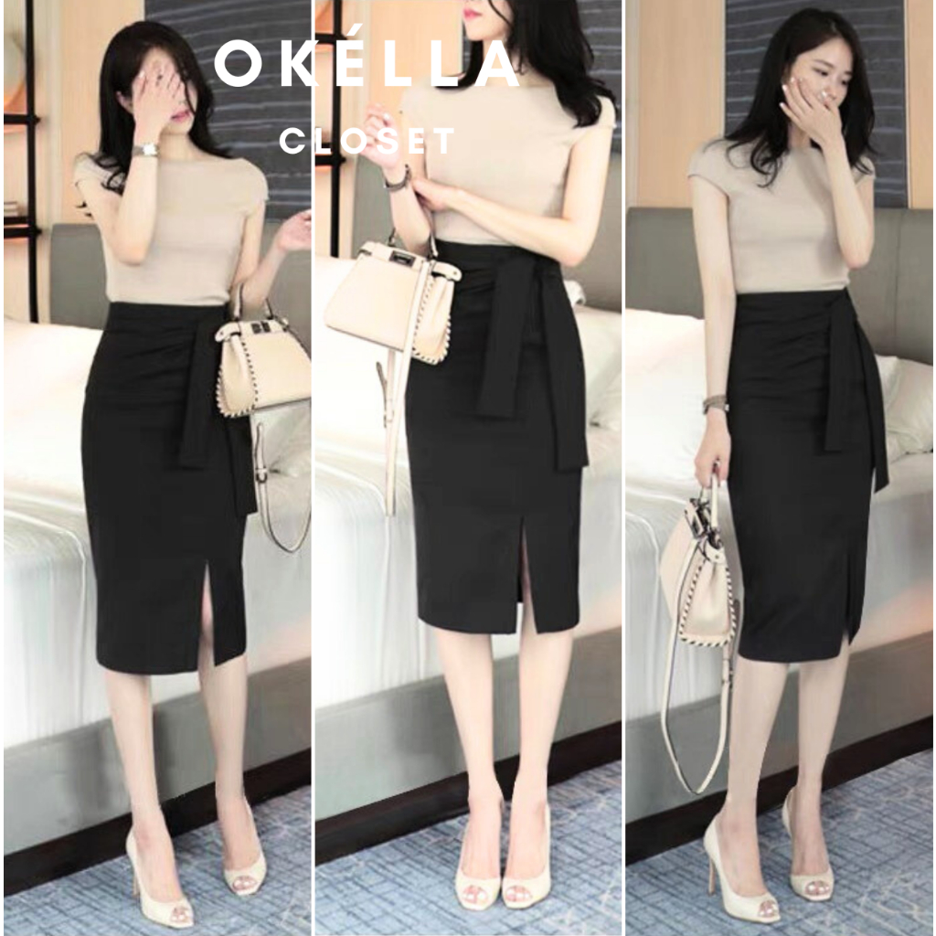 Chân váy nữ xoắn eo chất co giãn, chân váy nữ công sở ôm sáng chất Umi xịn Okélla