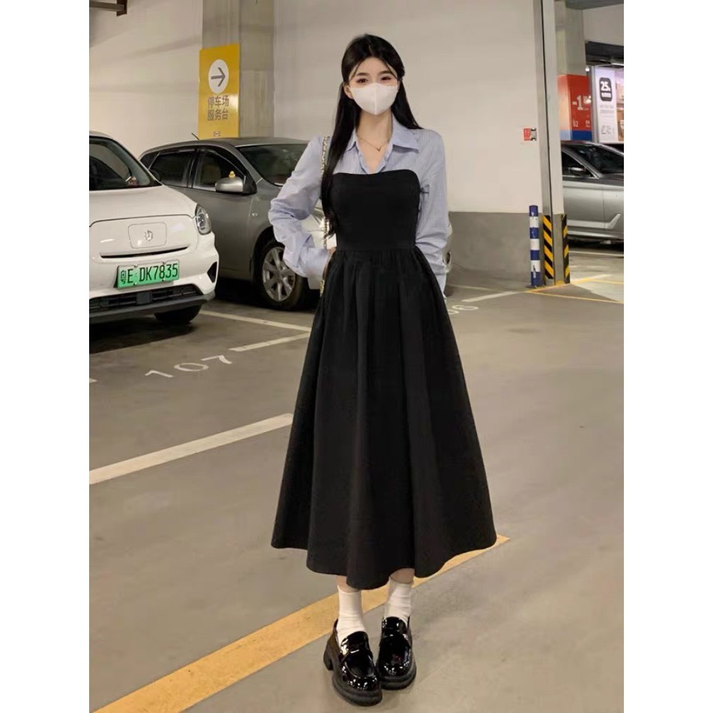 Váy Sơ Mi Phối Vintage Dúm Eo Đi Làm Siêu Xinh Che Khuyết Điểm