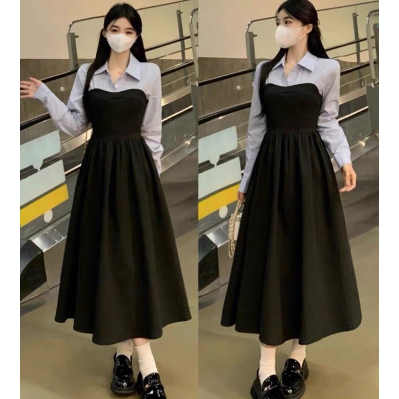 Váy Sơ Mi Phối Vintage Dúm Eo Đi Làm Siêu Xinh Che Khuyết Điểm