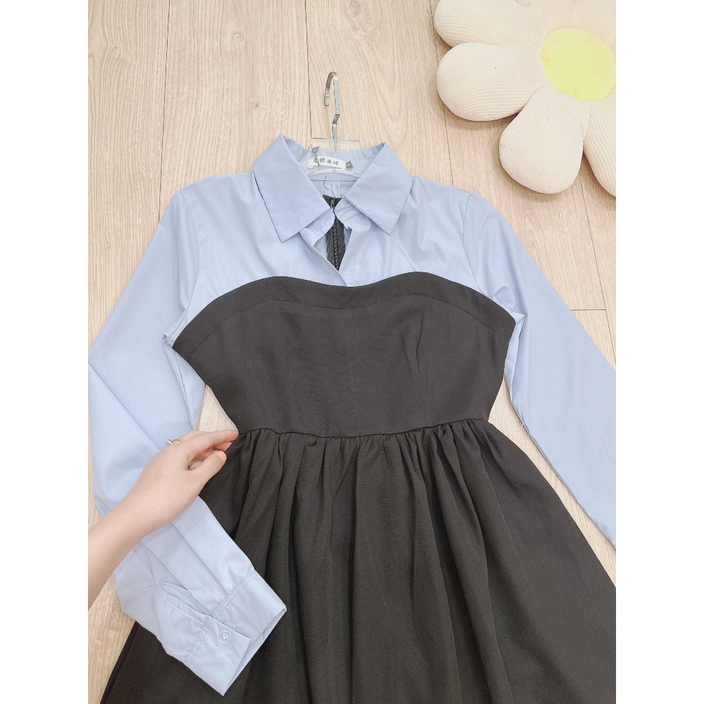 Váy Sơ Mi Phối Vintage Dúm Eo Đi Làm Siêu Xinh Che Khuyết Điểm