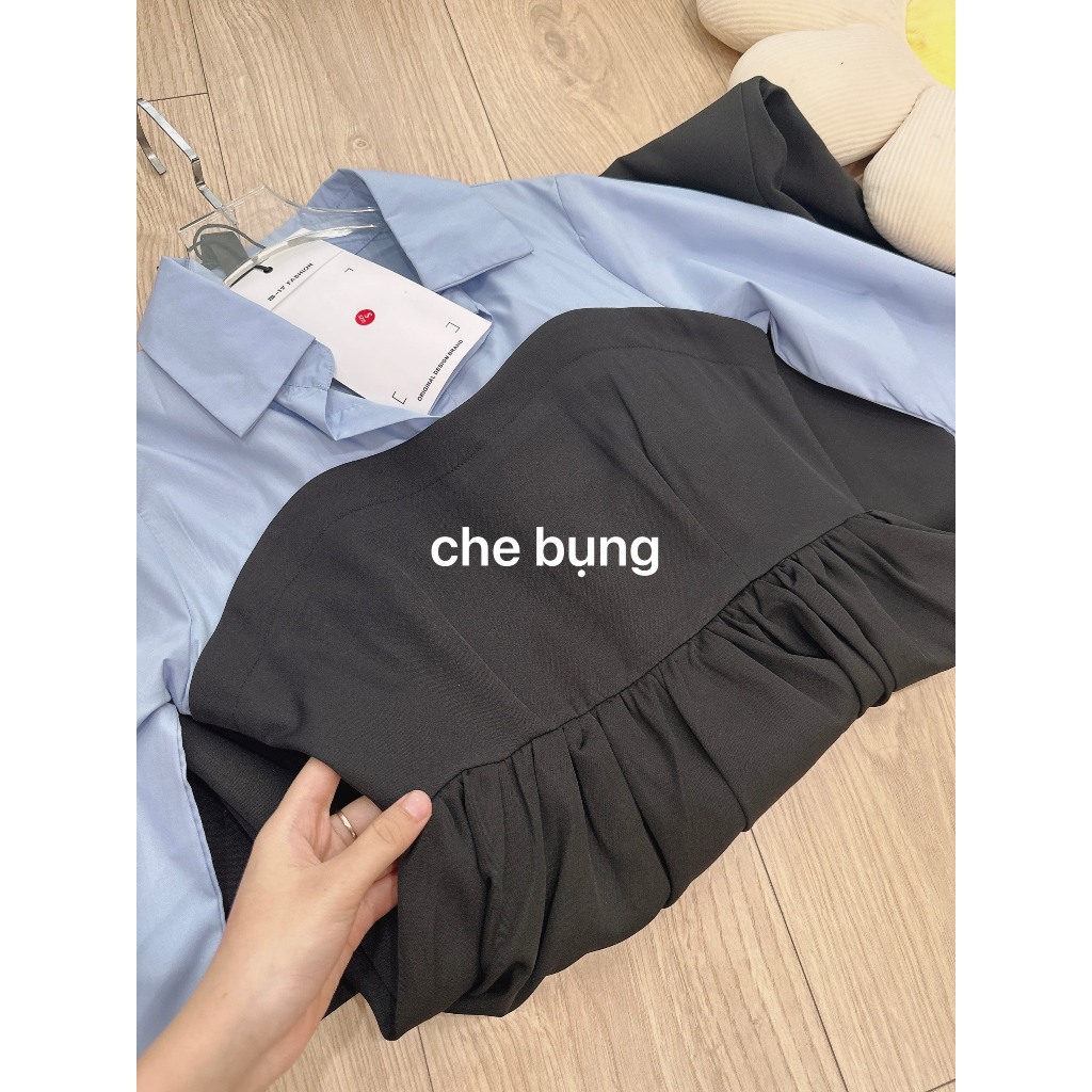Váy Sơ Mi Phối Vintage Dúm Eo Đi Làm Siêu Xinh Che Khuyết Điểm