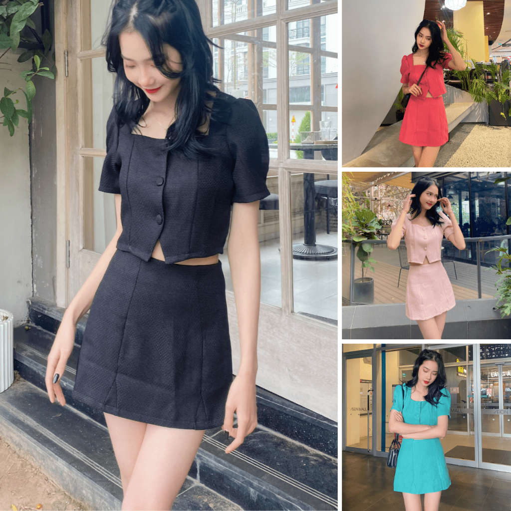 Đồ bộ nữ Mosei Official áo kiểu nữ sang chảnh croptop tay phồng hàn quốc phối cùng chân váy chữ A chất dạ tweed cao cấp