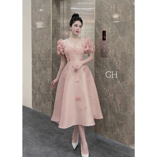 Váy thiết kế tafta phối tơ tay phồng ngực nhúm đính đá, hoa tiểu thư sang chảnh size SML - TP57